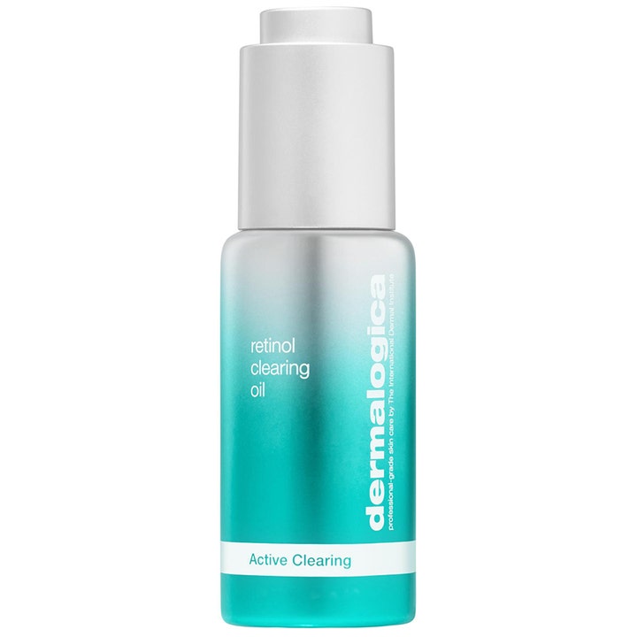 Dermalogica Retinol Clearing Oil 30ml ansiktsolje som gir klarere hud i turkis og sølvfarget flaske med hvit kork.