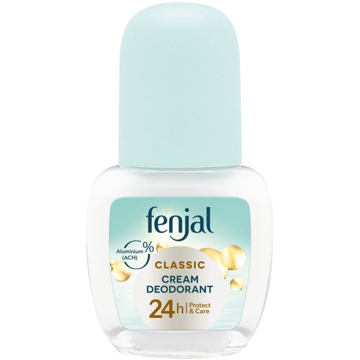 Fenjal Classic Cream Deodorant 50ml pleiende roll-on uten aluminium i glassflaske med lyseblått lokk.