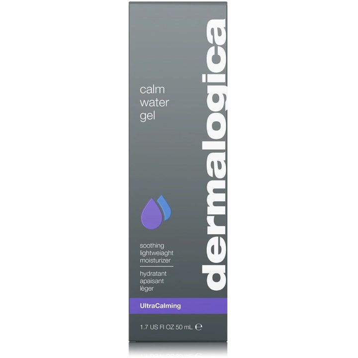 Dermalogica UltraCalming Calm Water Gel 50 ml fuktighetskrem i grå eske med lilla og blå vanndråper