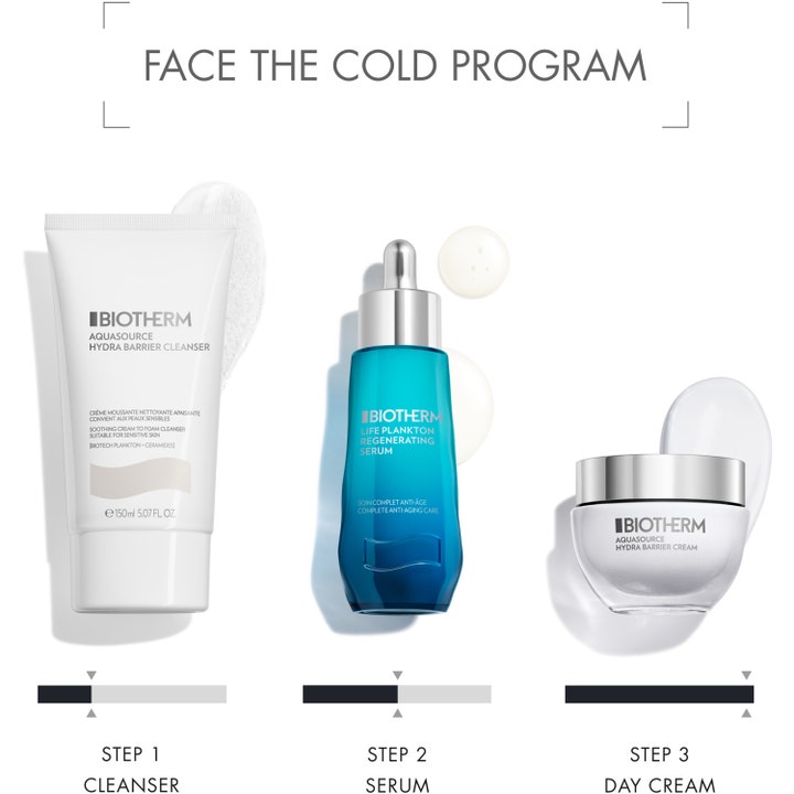 Biotherm Aquasource Hydra Barrier Cleanser 150 ml ansiktsrens i et Face the Cold Program med serum og ansiktskrem