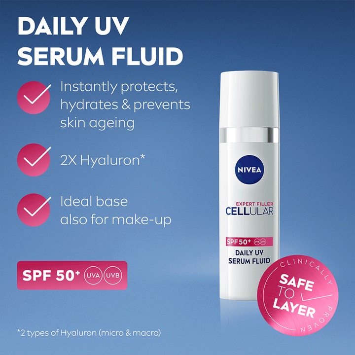 NIVEA Cellular Expert Filler 30 ml serum med SPF 50 og hyaluron i hvit pumpeflaske som fukter og beskytter huden