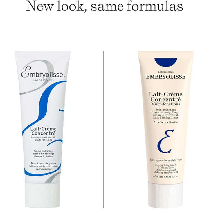 Embryolisse Lait-Crème Concentré 2x 75 ml fuktighetskrem viser gammelt og nytt tubedesign med teksten New look.