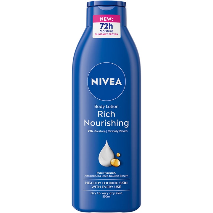 Nivea Rich Nourishing Body Lotion 250ml fuktighetsgivende body lotion for tørr hud i blå flaske med hvit kremdråpe