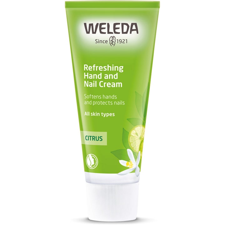 Weleda Refreshing Hand and Nail Cream Citrus mykgjørende håndkrem i grønn tube med hvit kork og sitrusmotiv