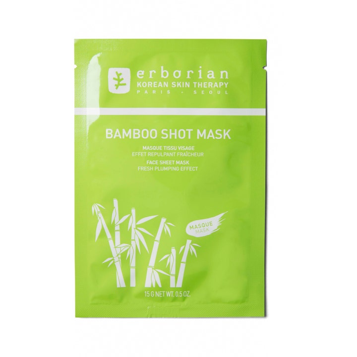 Erborian Bamboo Shot Mask 15g fuktighetsgivende ansiktsmaske i limegrønn pose med hvite bambusmotiver
