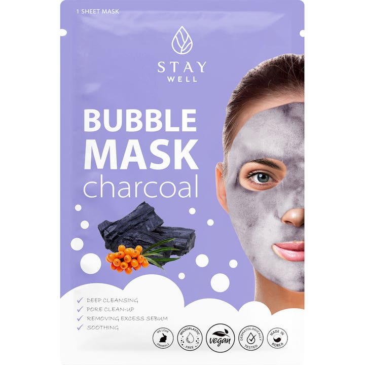Stay Well Bubble Mask Charcoal 1 stk ansiktsmaske som renser porene vist på lilla pakning med kull.
