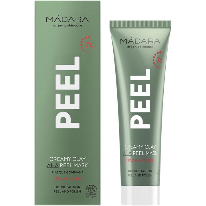 MÁDARA Peel Creamy Clay AHA Peel Mask 60 ml eksfolierende ansiktsmaske i grønn tube og eske med 7 % AHA og leire