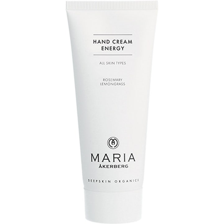 Maria Åkerberg Hand Cream Energy oppmykende håndkrem i hvit tube med sort tekst og pleiende eteriske oljer.