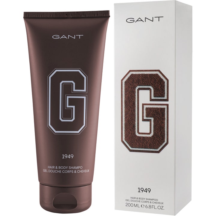GANT 1949 Hair & Body Shower Gel 200 ml oppfriskende dusjsåpe i brun matt tube og hvit eske med stor G-logo