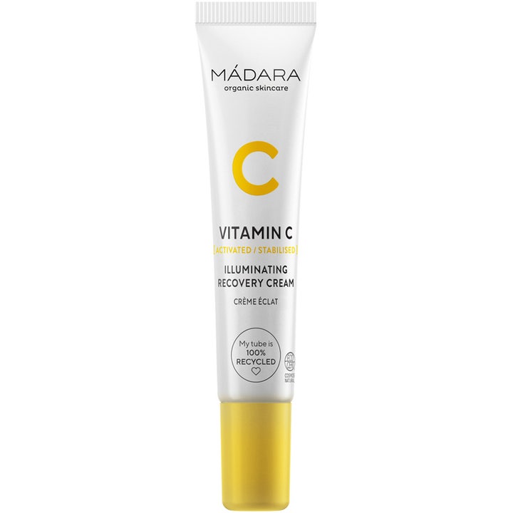 Mádara Vitamin C Illuminating Recovery Cream ansiktskrem som gir glød i hvit tube med gul kork og stor gul C.
