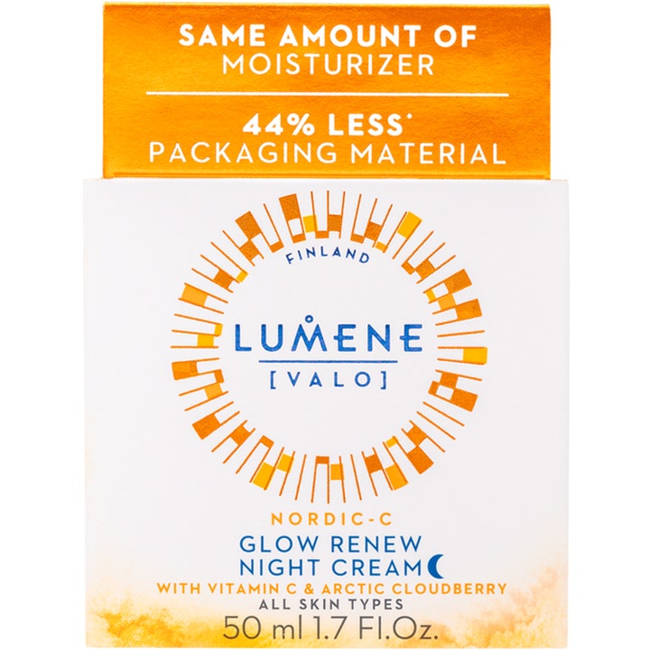 Lumene Nordic-C Glow Renew Night Cream 50 ml nattkrem i hvit og oransje eske med tekst om mindre emballasje.