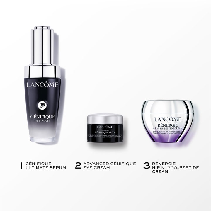 Lancôme Génifique Routine Set 1 stk hudpleiesett med serum og kremer for glød i svarte og lilla krukker med sølvdetaljer