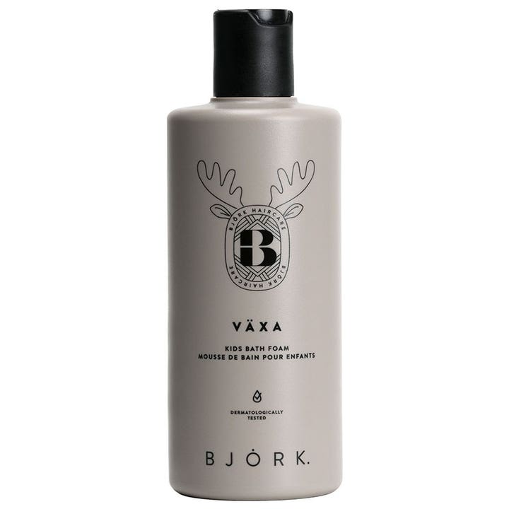 Björk Växa Kids Bath Foam mildt badskum for barn i en beige flaske med sort kork og elggevir-illustrasjon