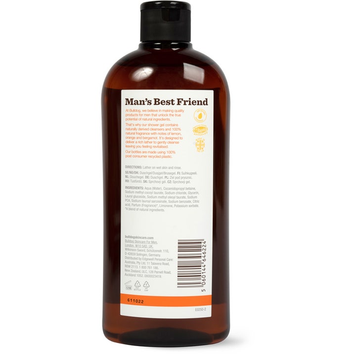 Bulldog Shower Gel Lemon & Bergamot 500 ml oppfriskende dusjsåpe i brun plastflaske som viser ingrediensliste bak