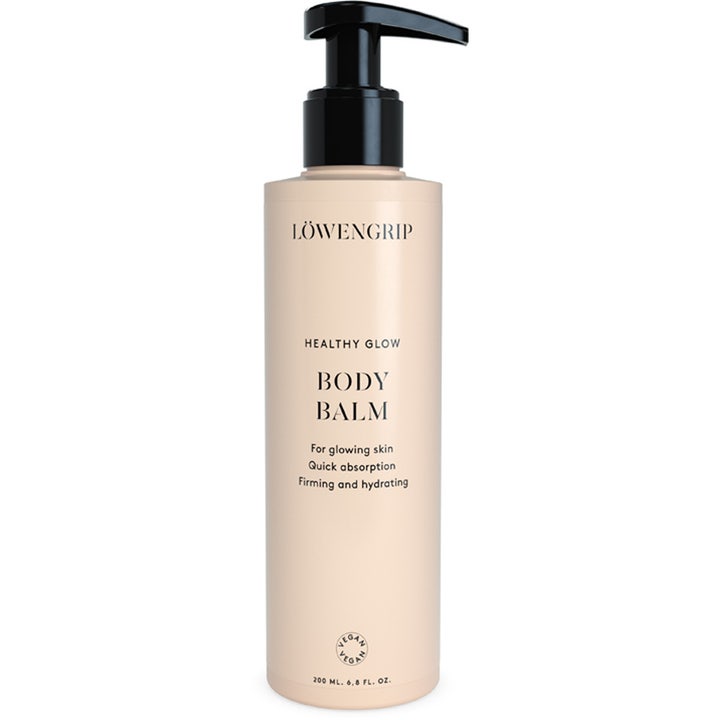 Löwengrip Healthy Glow Body Balm 200 ml fuktighetsgivende kroppskrem som gir glød i beige flaske med sort pumpe