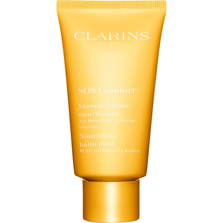 Clarins SOS Comfort 75 ml nærende ansiktsmaske med mangosmør i en varm gul tube med gullfarget lokk