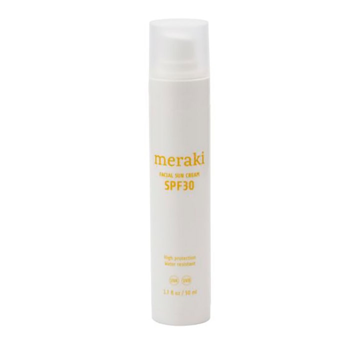 Meraki Facial Sun Cream SPF30 50 ml beskyttende solkrem i hvit flaske med pumpe og gul tekst.