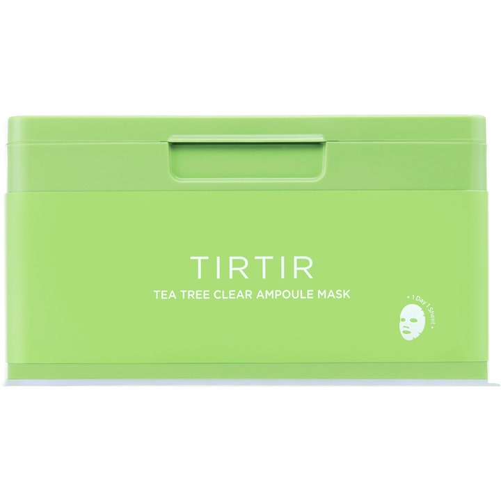 TIRTIR Tea Tree Clear Ampoule Mask 310 g beroligende ansiktsmaske i lysegrønn plastboks merket med 1 Day 1 Sheet