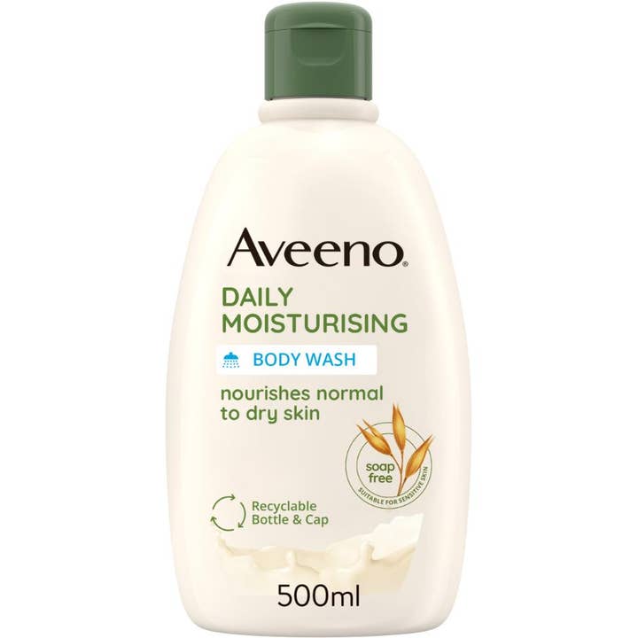 Aveeno Daily Moisturising Body Wash 500ml i hvit plastflaske med grønn kork og bilde av havre.