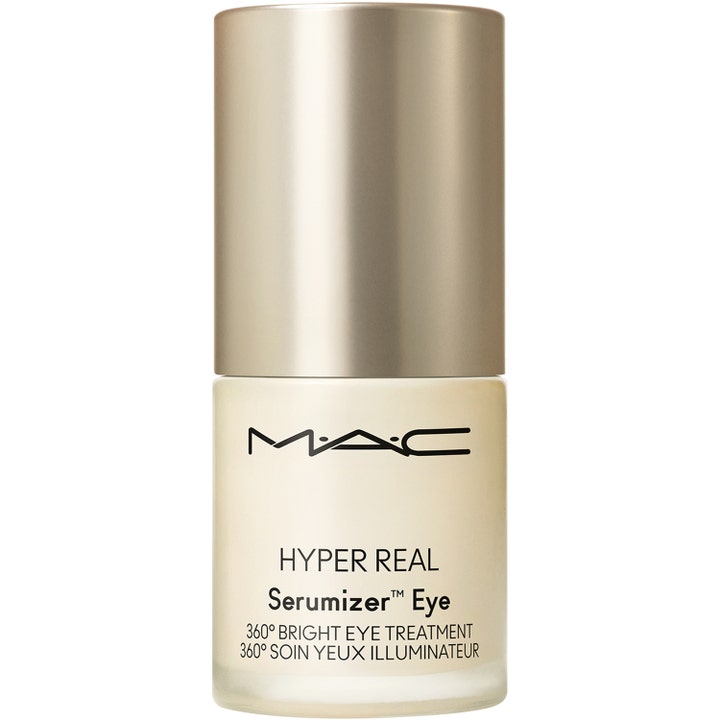 MAC Hyper Real Serumizer Eye 15 ml opplysende øyebehandling i en frostet glassflaske med luksuriøs gullkork