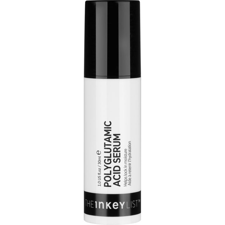 The Inkey List Polyglutamic Acid Serum 30ml fuktighetsgivende ansiktsserum i hvit flaske med sort kork