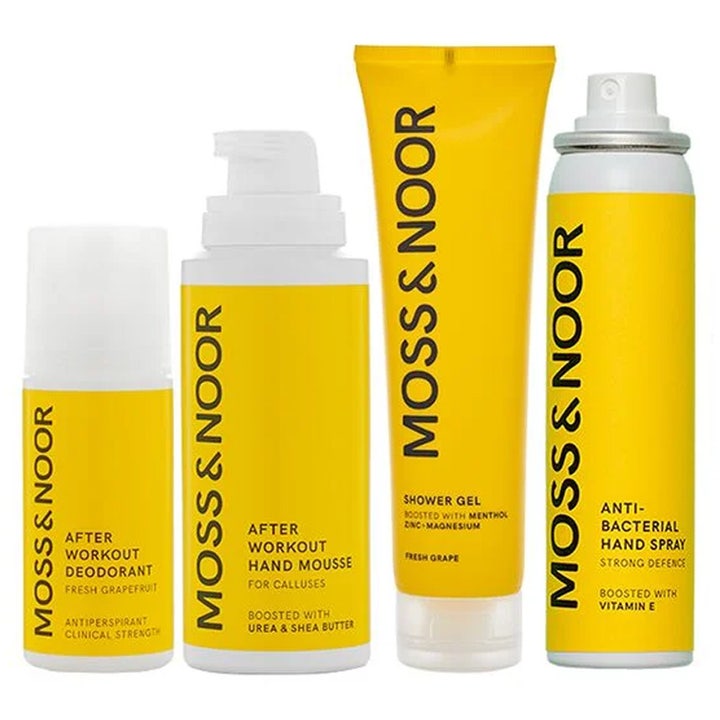 Moss & Noor After Workout sett forfriskende kroppspleie i gul og hvit emballasje med spray, tube og pumpeflasker.