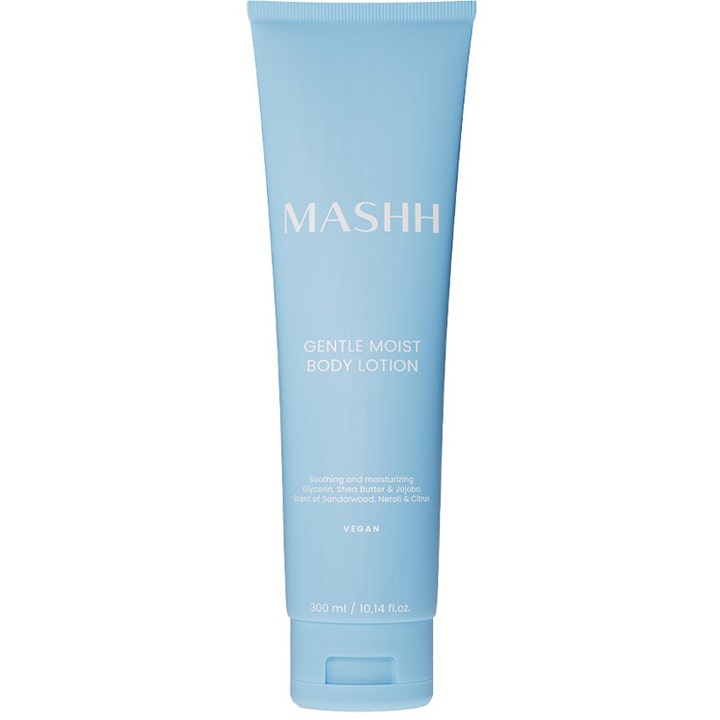 MASHH Gentle Moist Body Lotion 300 ml fuktighetsgivende kroppskrem i lyseblå tube med hvit tekst