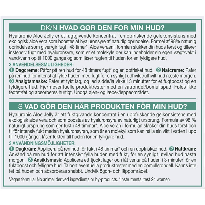 Garnier Hyaluron Barrier Repair Gelcreme 50 ml baksiden av emballasje med tekst om 48 timers fukt og bruksanvisning