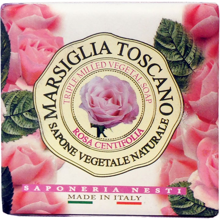 Nesti Dante Marsiglia Toscano Rosa Centifolia såpestykke gir mild rens i papiremballasje med rosa roser og blader