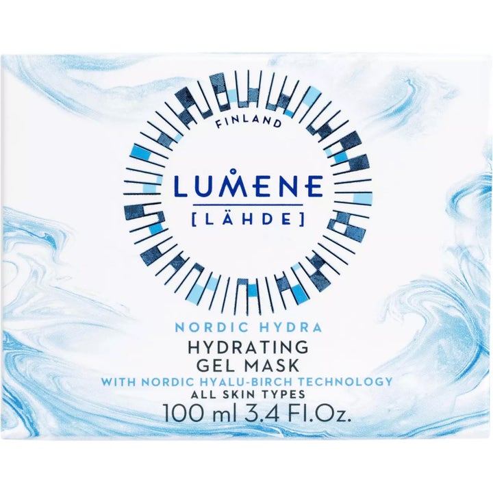 Lumene Nordic Hydra Hydrating Gel Mask 100 ml fuktighetsgivende ansiktsmask i hvit og blå eske med vannmønster