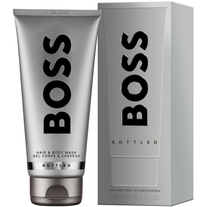 Hugo Boss Bottled 200 ml dusjgelé for hår og kropp i en matt sølvfarget tube med stilren eske.