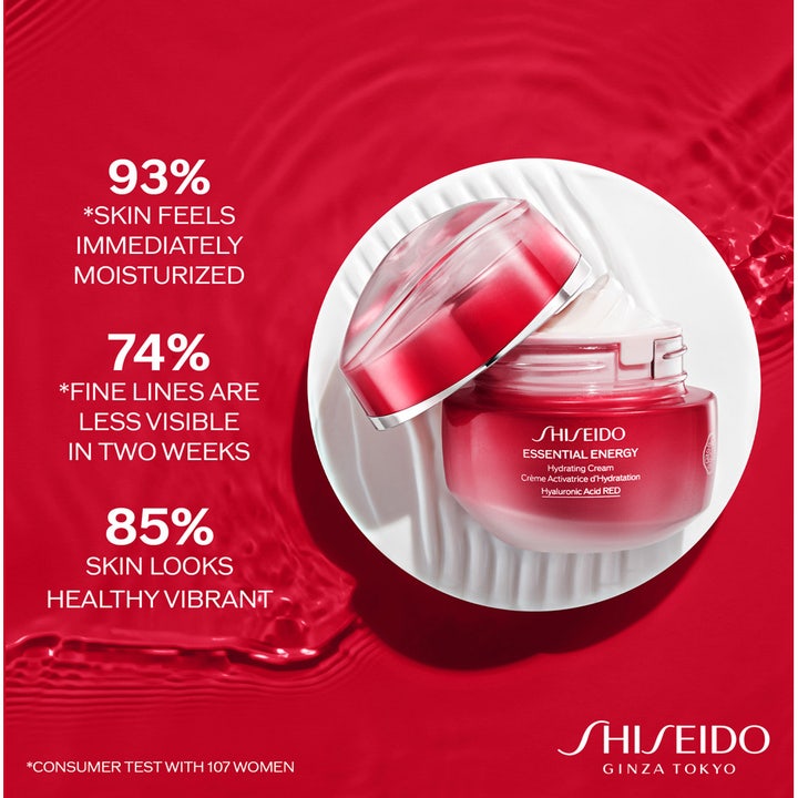 Shiseido Essential Energy Hydrating Cream 50 ml fuktighetsgivende dagkrem i rød glasskrukke med hvit tekstur.