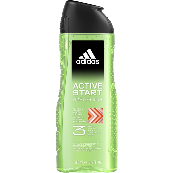 Adidas Active Start 400 ml revitaliserende dusjsåpe i en lysegrønn flaske med sort lokk og teksturerte sider.