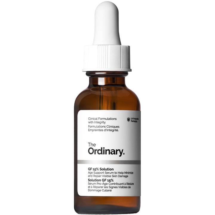 The Ordinary GF 15% Solution 30ml reparerende ansiktsserum i brun glassflaske med hvit etikett og hvit pipette.