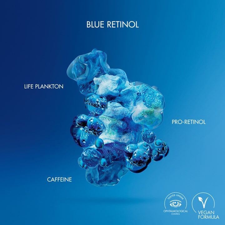 Biotherm Blue Pro-Retinol 15 ml øyekrem med Life Plankton og koffein i en blå abstrakt tekstur og vegansk formel.
