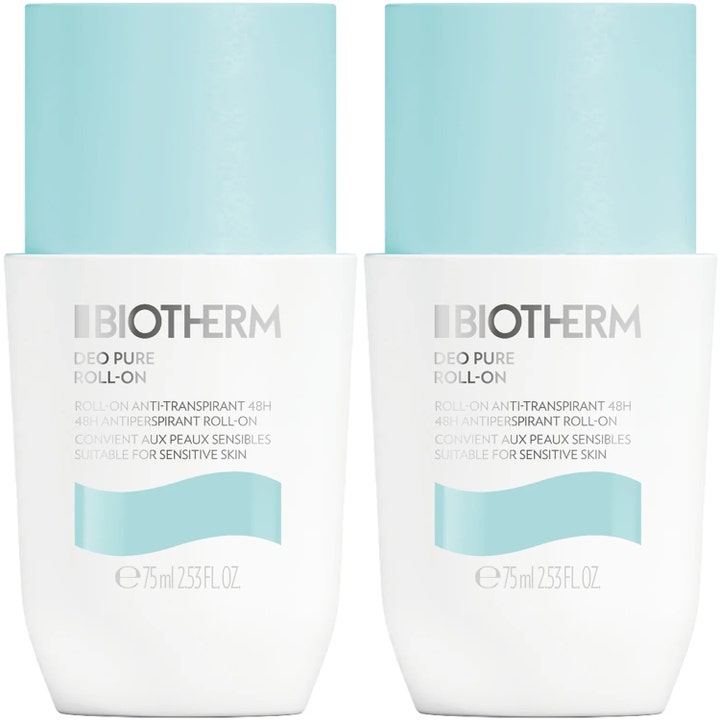 Biotherm Deo Pure Roll-On 2 x 75 ml antiperspirant som gir 48 timers beskyttelse i to hvite beholdere med lyseblå lokk