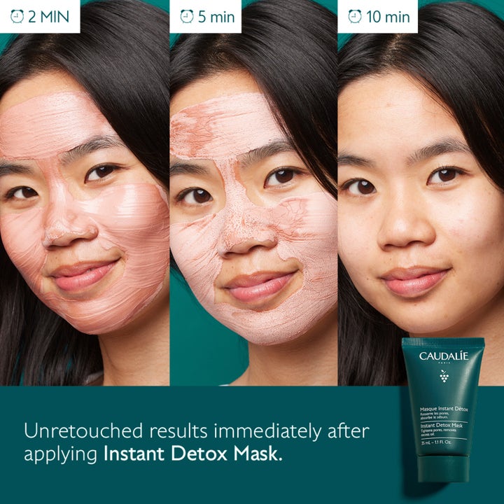 Caudalie Instant Detox Mask 35 ml dyprensende ansiktsmaske viser rosa leire som tørker og gir synlig rene porer.