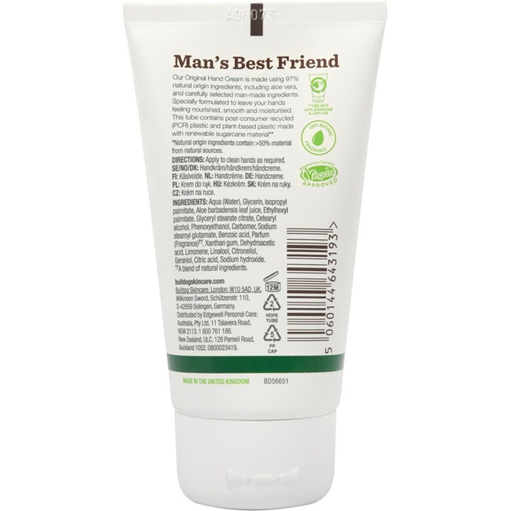 Bulldog Original Hand Cream 75 ml pleiende håndkrem baksiden av hvit tube med ingrediensliste og vegansk logo