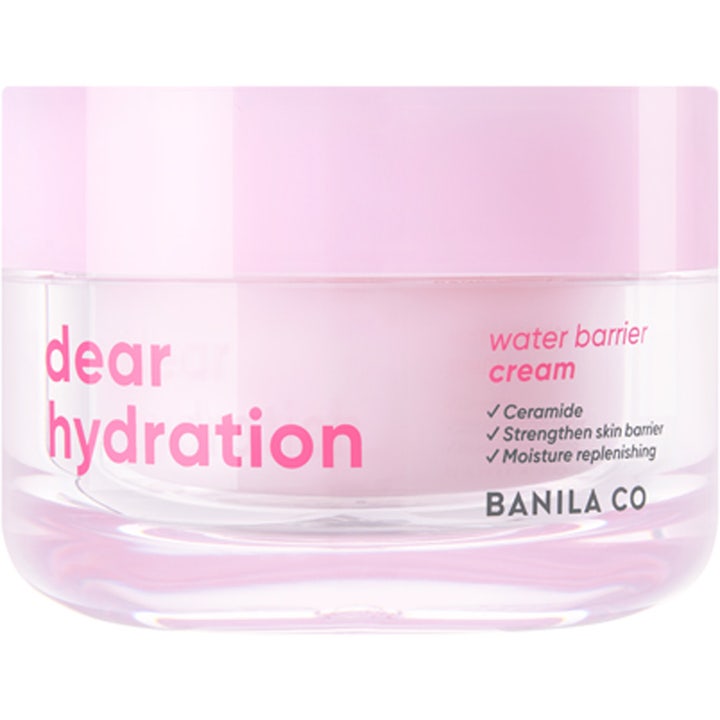 Banila Co Dear Hydration Water Barrier Cream fuktighetsgivende ansiktskrem i en gjennomsiktig rosa krukke med rosa lokk.
