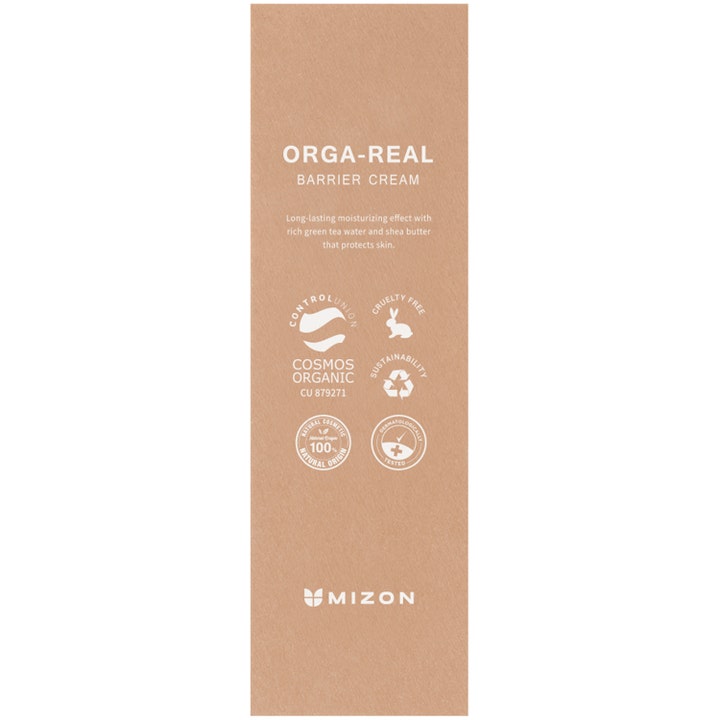 Mizon Orga-Real Barrier Cream 100 ml fuktighetsgivende ansiktskrem i brun pappemballasje med økologiske logoer