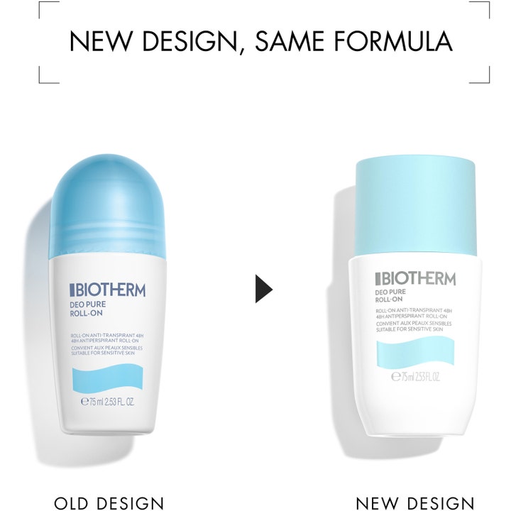 Biotherm Deo Pure Roll-On 75 ml antiperspirant for sensitiv hud viser sammenligning av gammelt og nytt design.