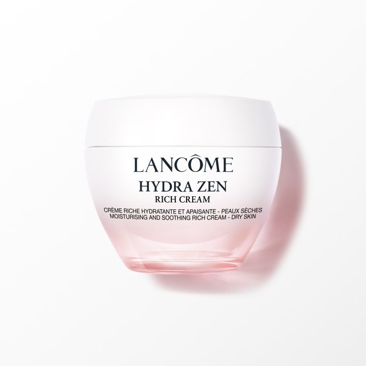 Lancôme Hydra Zen Rich Cream fuktgivende og beroligende ansiktskrem for tørr hud i en rosa glasskrukke med hvitt lokk
