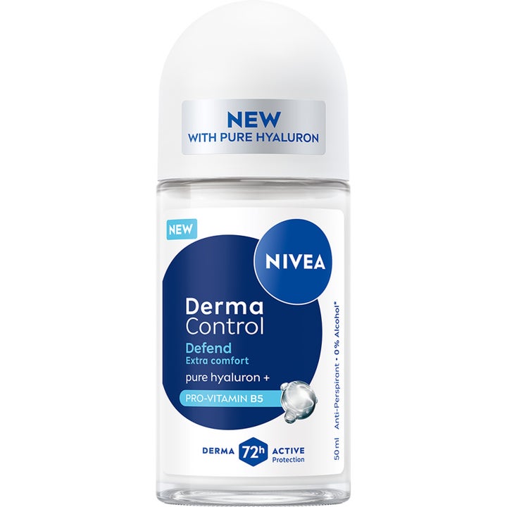 Nivea Derma Control Defend 50 ml roll-on deodorant gir 72 timers beskyttelse i klar glassflaske med hvit kork