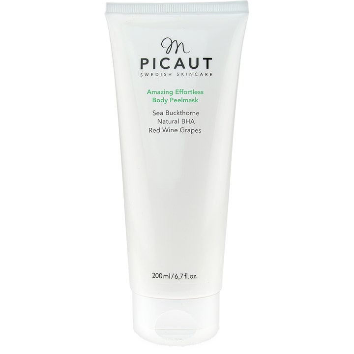 M Picaut Amazing Effortless Body Peelmask 200 ml eksfolierende kroppsmaske i hvit tube med naturlig BHA og tindved.