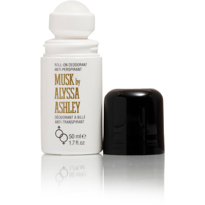Alyssa Ashley Musk Roll-On Deodorant 50 ml antiperspirant i hvit flaske med synlig applikator og svart kork