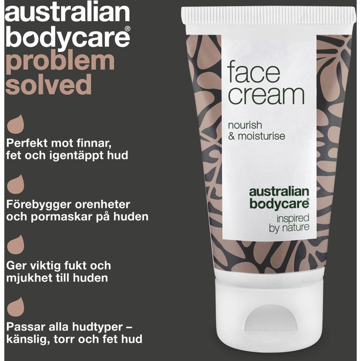 Australian Bodycare Face Cream 50 ml fuktighetsgivende ansiktskrem mot urenheter i hvit tube med brunt bladmønster