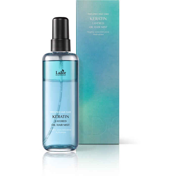 La'dor Keratin Layered Oil Hair Mist 130 ml fuktighetsgivende hårspray i blå tofaset flaske med svart kork og eske.