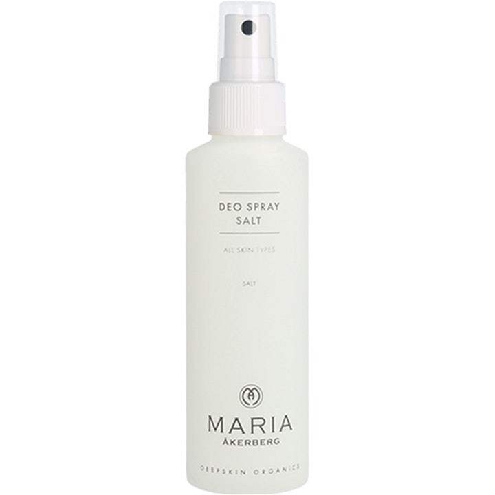Maria Åkerberg Deo Spray Salt deodorant nøytraliserer lukt i en hvit frostet sprayflaske med gjennomsiktig kork.