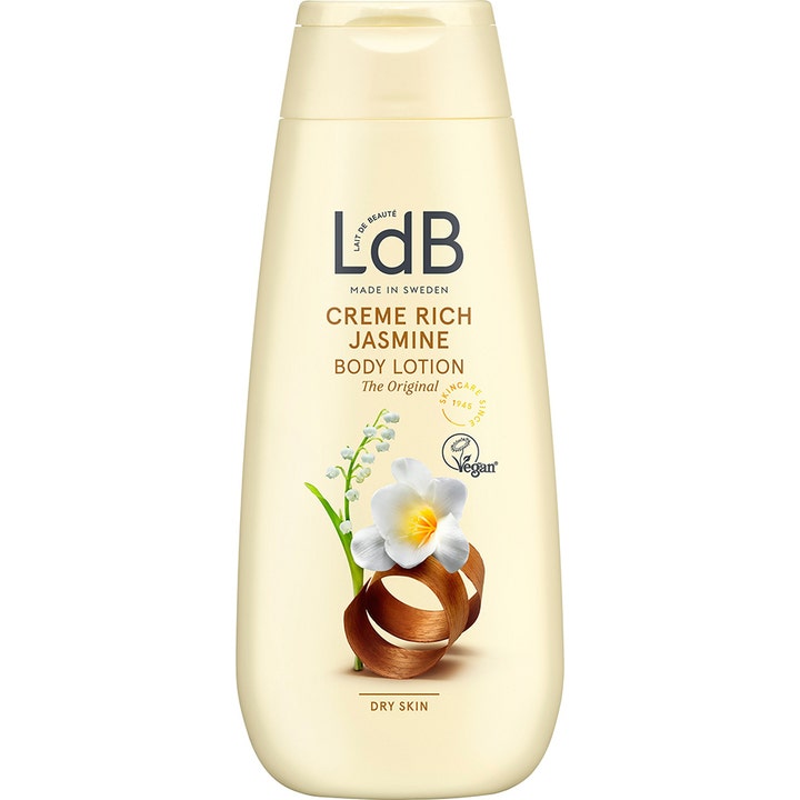 LdB Creme Rich Jasmine Body Lotion pleiende bodylotion for tørr hud i lys gul plastflaske med sjasminillustrasjon.