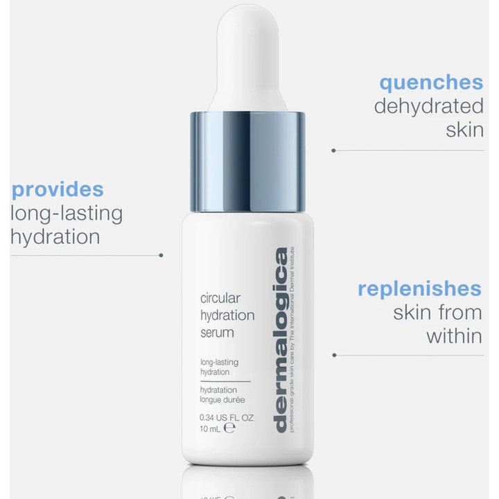 Dermalogica Circular Hydration Serum 10 ml fuktighetsgivende ansiktsserum i hvit flaske med blått metallokk